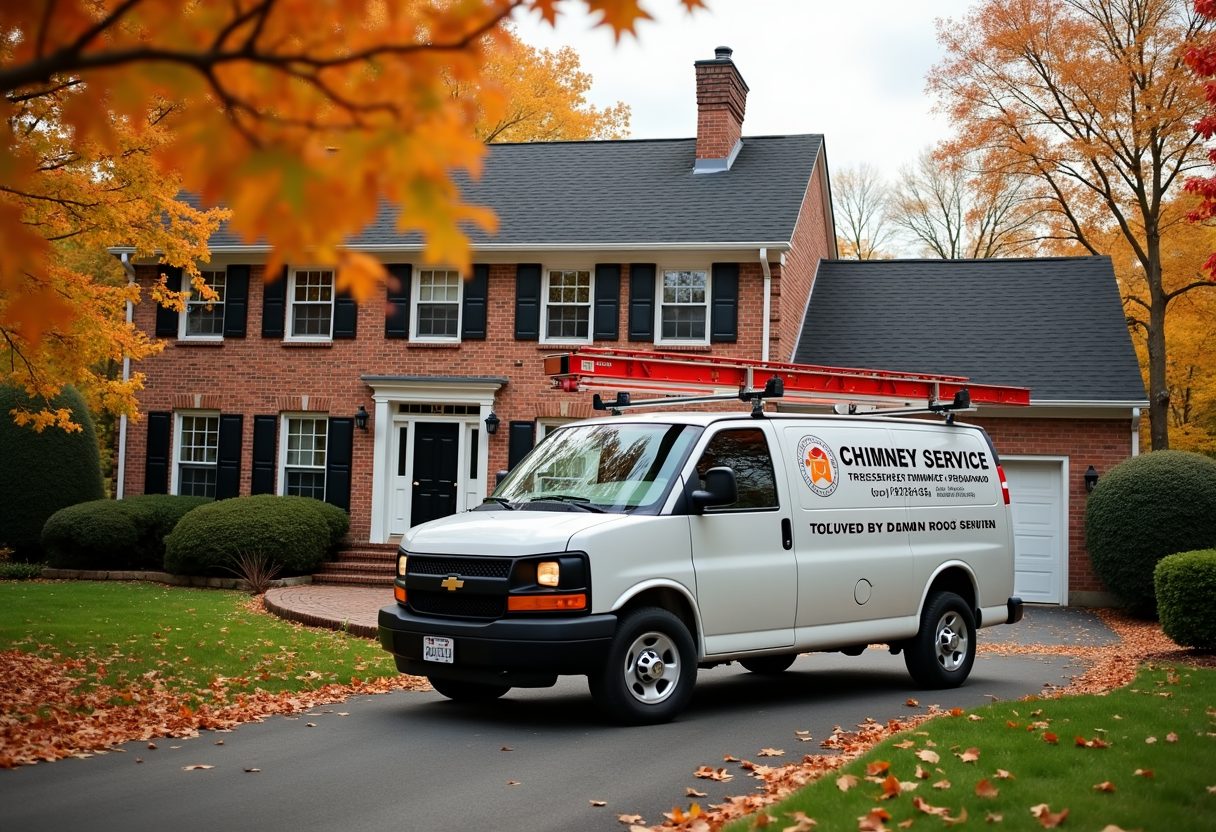 Chimney service van in a colonial home driveway — Laurel